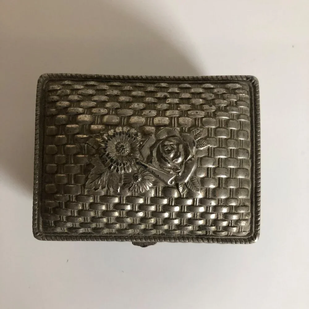 Silver Tone Sunflower Rose Jewelry Casket Red Velvet Lined Trinket Box Vtg Japan